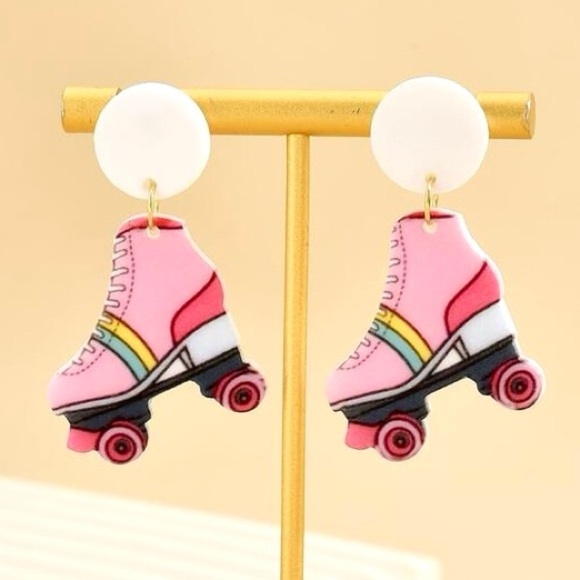 Pink Roller Skate Earrings – 80s Y2K Kawaii Acrylic Dangles - Picture 2 of 10